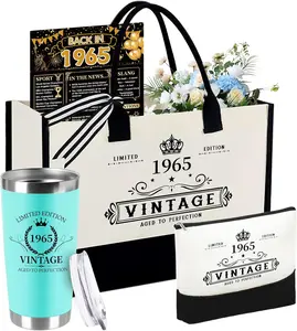 60th Birthday Gifts for Women - 4 pcs Set with Tote Bag, Makeup Bag, 20 oz Stainless Steel Tumbler & 1965 Poster for Vintage Charm