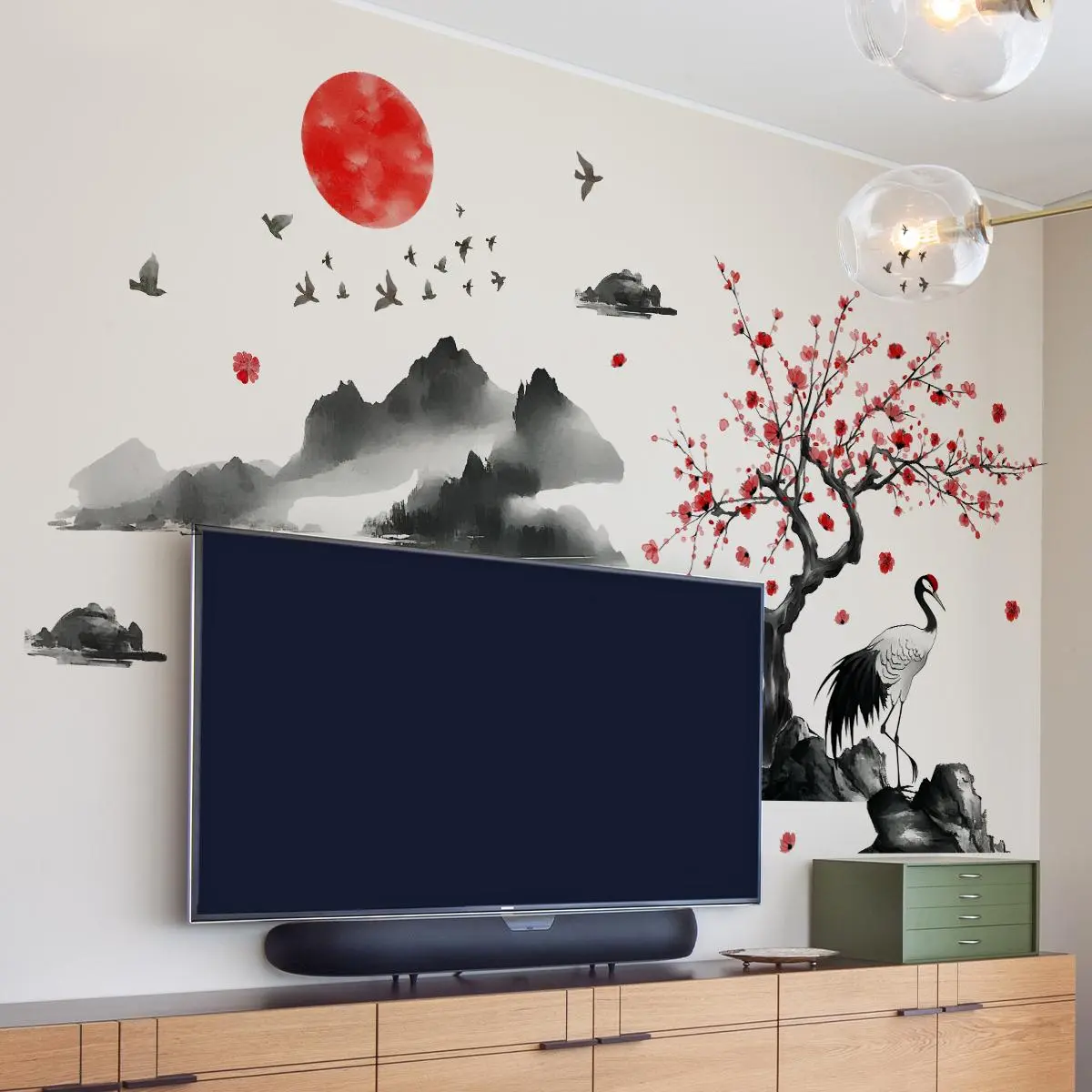 Chinese Style Wall Sticker, Sakura & Crane Pattern Wall Decal, Self Adhesive Wall Decor for Home Living Room Bedroom, Ornaments, Floral Pattern Sticker