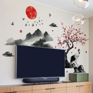 Chinese Style Wall Sticker, Sakura & Crane Pattern Wall Decal, Self Adhesive Wall Decor for Home Living Room Bedroom, Ornaments
