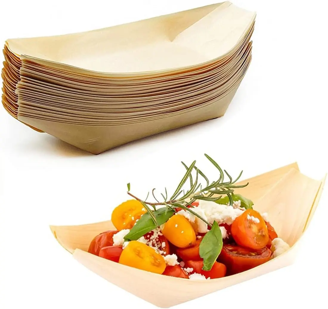 100 Packs 6" Disposable Wood Serving Boats Plates Trays, Disposable Plates for Appetizer Sushi Dessert Buffet Hors d'oeuvres Serving Tray, Biodegradable and Compostable Bowls