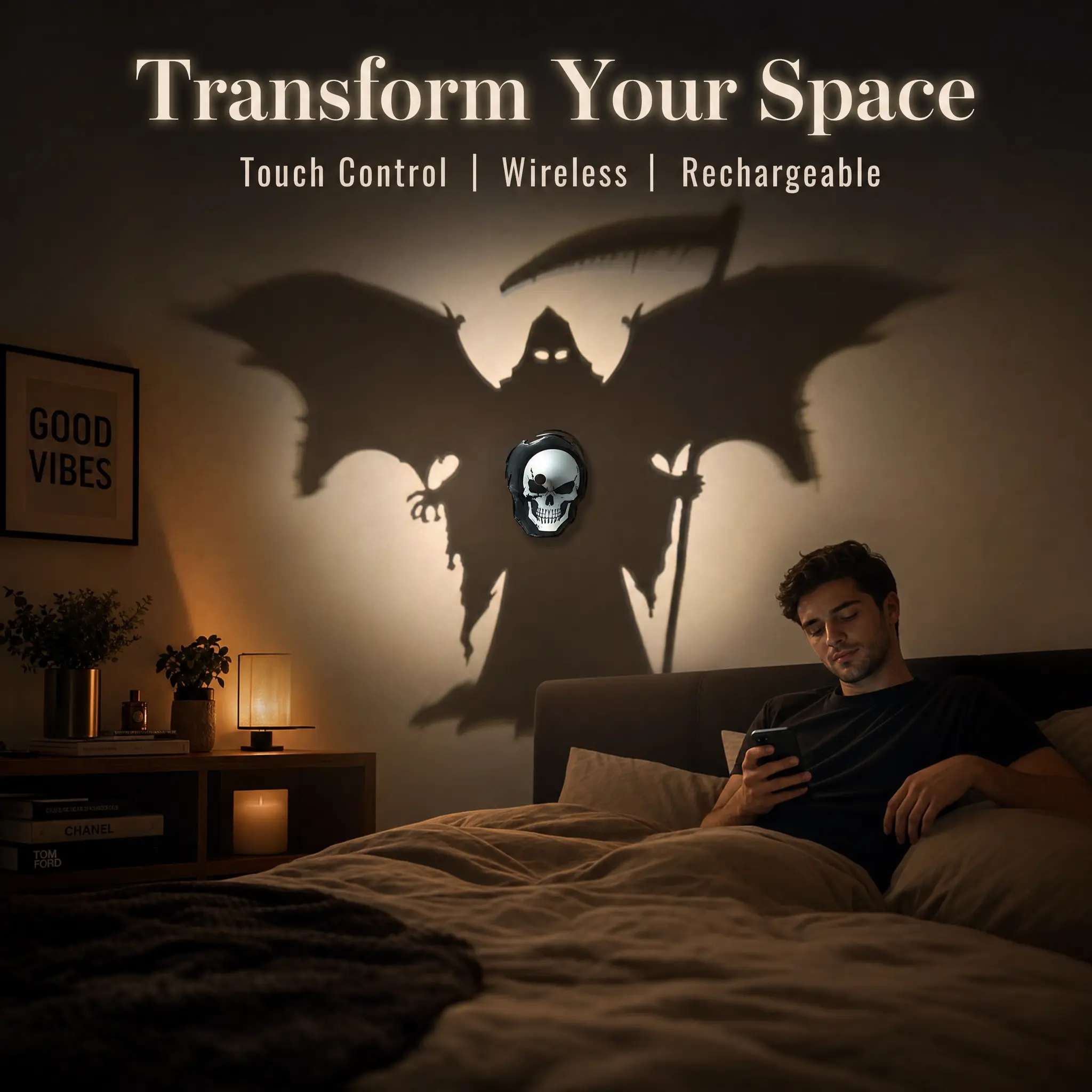 Grim Reaper Shadow Projector Night Light, USB-C Rechargeable Touch-Control Skull LED Lamp with Spooky Wall Projection for Bedroom, Dorm, Entryway & Halloween Decor