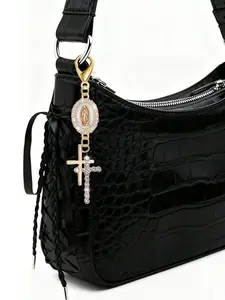 Christian charm keychain with religious cross, pearl, and diamond charms - cross keychain, double cross, bag pendant, cross pendant, decorative wallet and backpack accessory, earphone case accessory, keychain for bags
