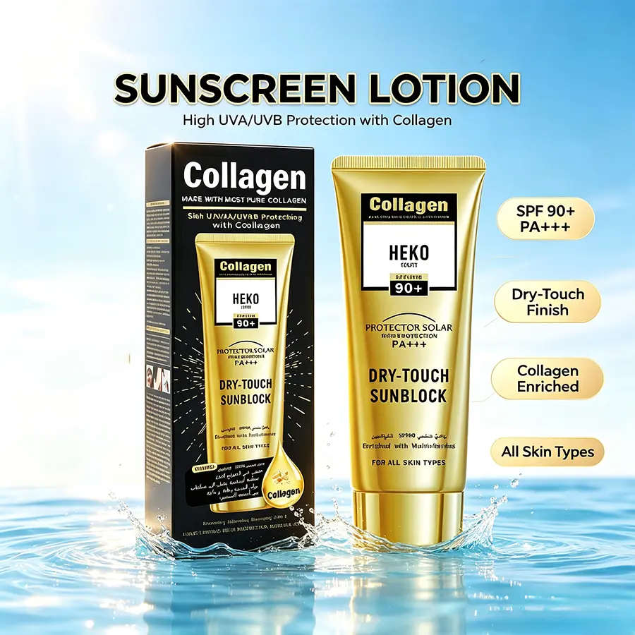HEKO BEAUTY Collagen Body Sunscreen Lotion SPF90+, Waterproof Dry-Touch Liquid for UV Damage Prevention, Daily Skin Repair, Body Care