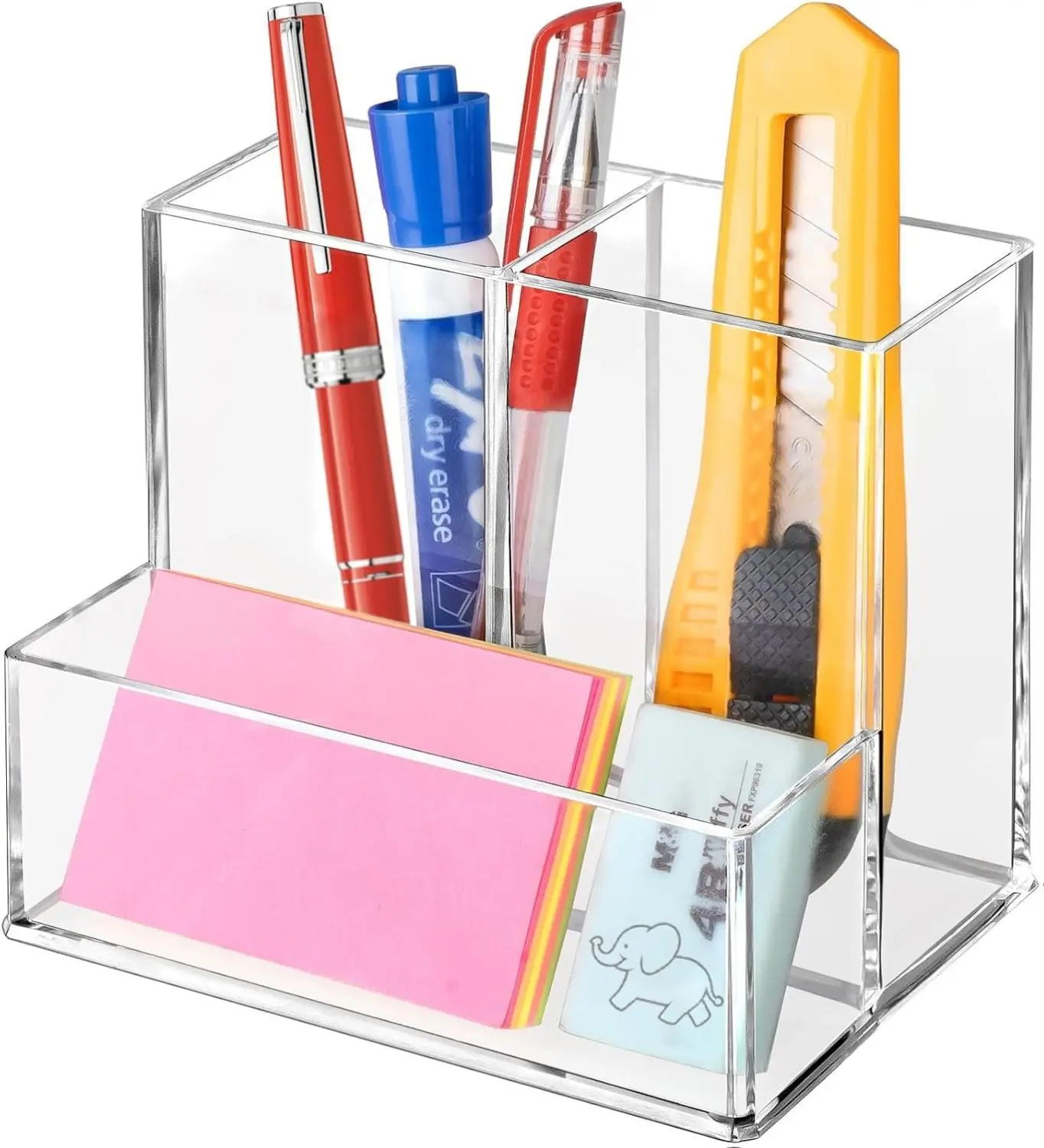 Clear Acrylic Pen Holder for Desk with 3 Compartments - Compact Pencil Organizer for Home Office Classroom & Bathroom - Transparent Stationery Storage - 5.12x3.43x3.86 inches