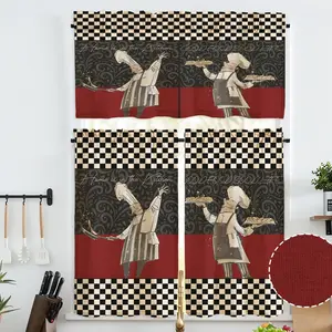 JIT 1PC/2PCS/3PCS linen printed curtains, cute fairy-tale style with hand-drawn cartoon chef patterns (with checkered elements), 195G fabric texture, suitable for kitchens and bedrooms, window curtain, making your home warmer and cozier.