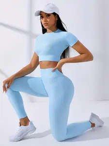 2PCS Women's Yoga Workout Set! Ribbed High-Waist Leggings & Short Sleeve Top, Butt Lifting & Tummy Control, Soft Stretchy Breathable Fabric, Non-See-Through, Great for Gym & Yoga Sessions