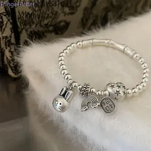 FringeFlutter2026 New Arrival Romantic Heart & Rabbit Motif Bracelet for Women | 925 Sterling Silver Beaded Design, Perfect Birthday Gift