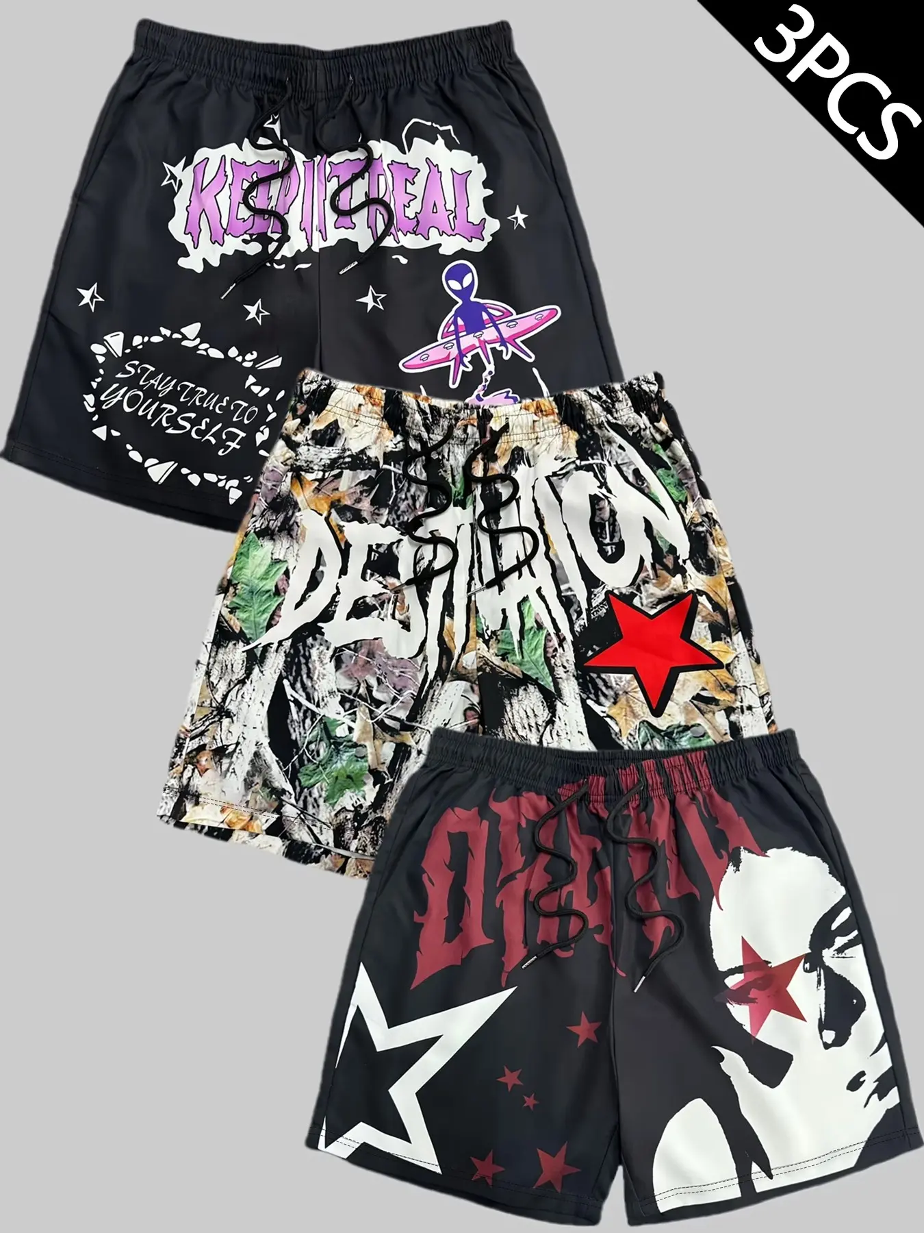 3-Pack Men's Shorts, Graphic Letter Print, Graffiti Style Shorts, Street Style, Trendy Shorts, Casual Athleisure Shorts, Casual, Knee-Length, Drawstring Waist, Comfortable, Spring & Fall, Graphic Athletic Shorts