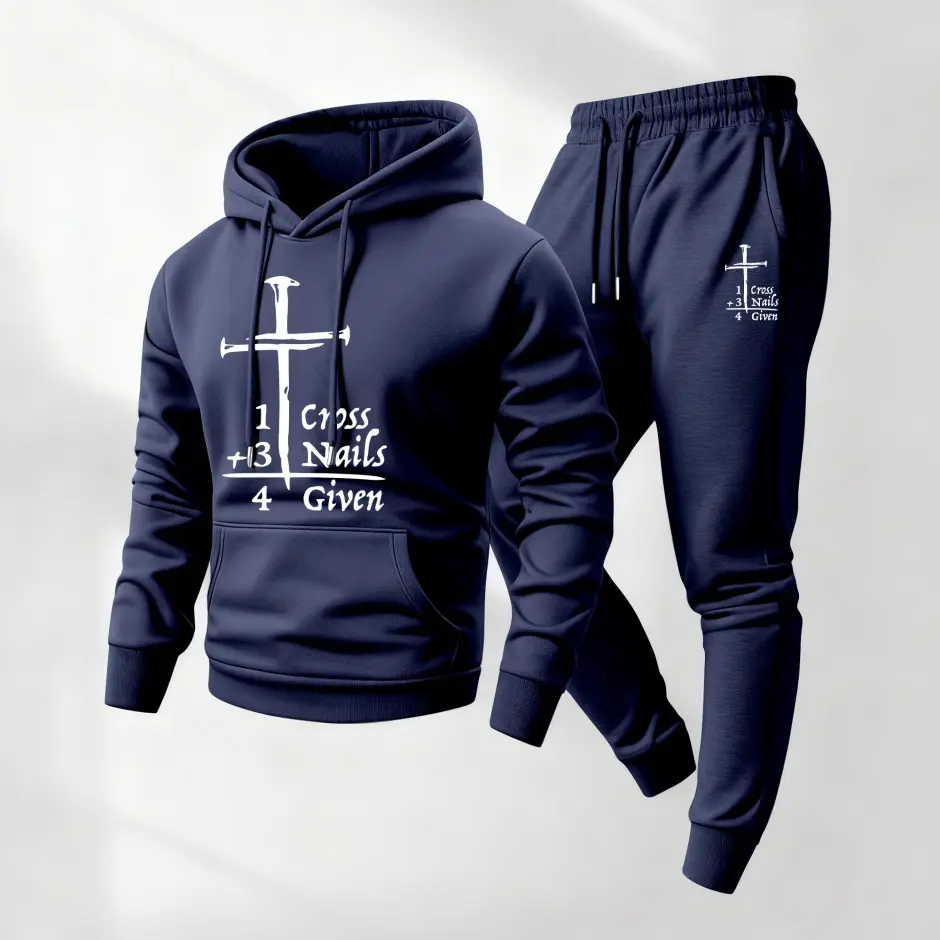 Men's 2-Piece Christian Cross Print Hoodie & Drawstring Sweatpants Set - Athletic Activewear Tracksuits, Casual Gym Wear, Long Sleeve Hooded Jacket & Trousers for Fall/Winter Daily Use