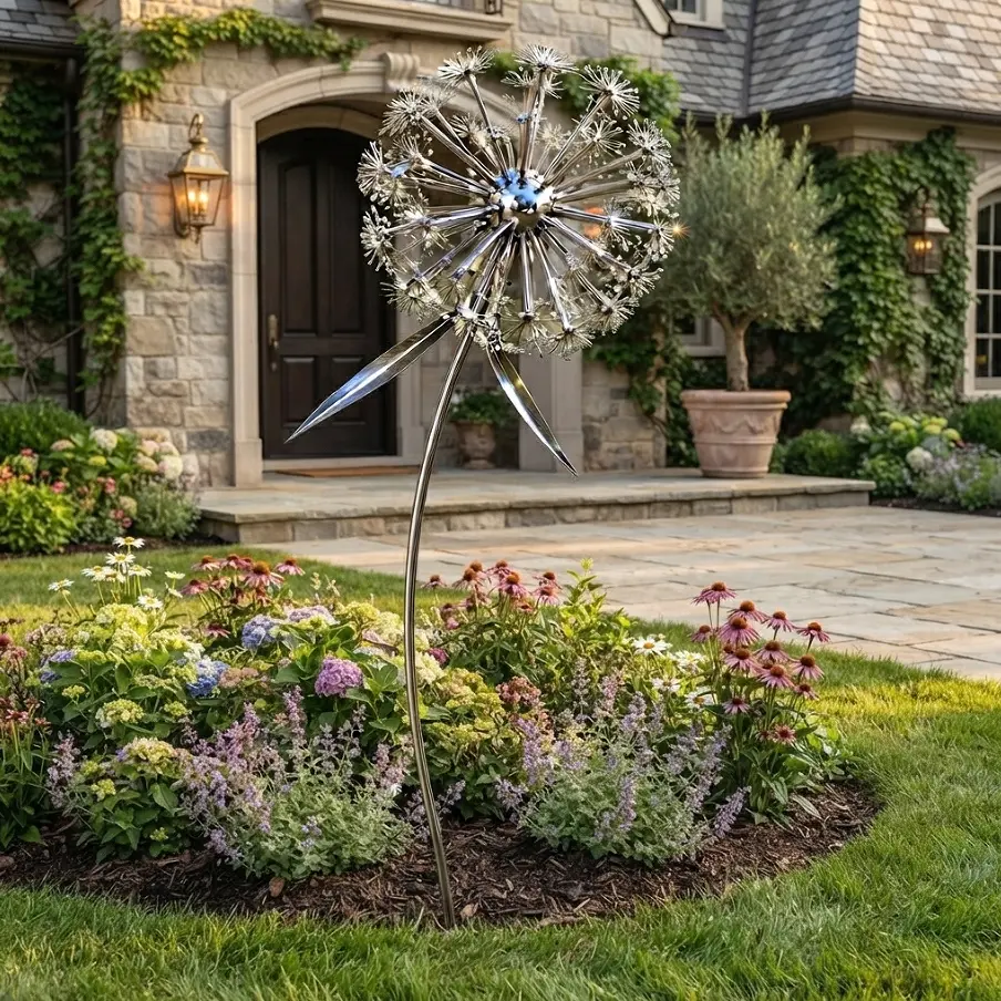 Stunning Metal Dandelion Garden Stake, Reflective Stainless Steel Yard Art, Realistic Large Flower Sculpture for Outdoor Lawn Decor, Weather-Resistant Garden Ornament, Unique Patio Landscaping Gift, Modern Backyard Aesthetic Decoration