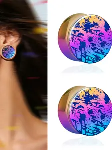 vanku 2pcs Titanium Ear Tunnels Plugs, Hypoallergenic Rainbow Splatter, Double Flared Ear Plugs Expander, Punk Piercing Jewelry, Multiple Sizes