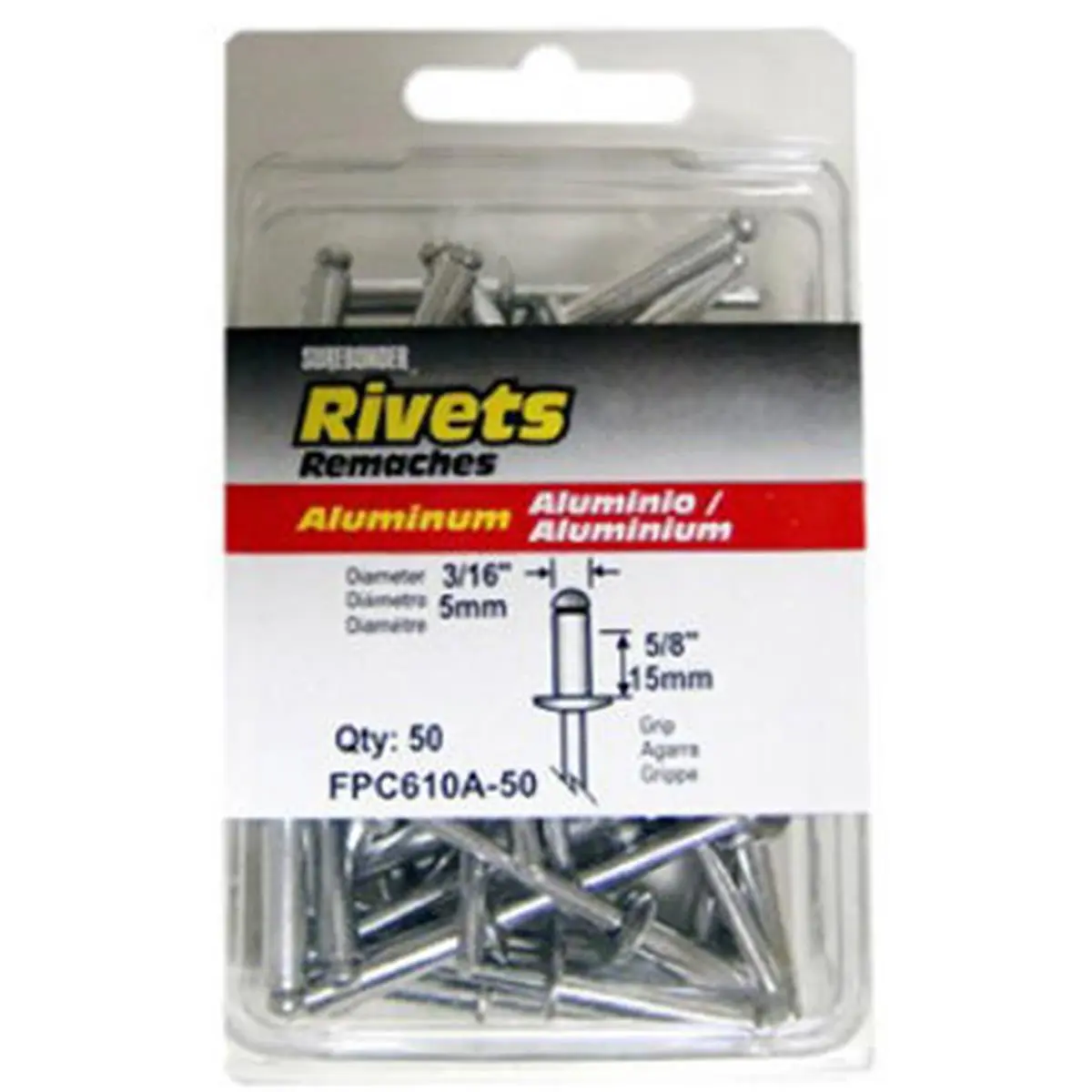 FPC FPC610A-50 Surebonder 50 Pack Extra Long Aluminum Rivet, Grip Range, Blind Rivets