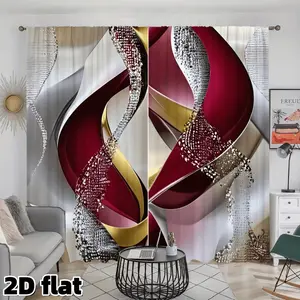 2D Flat 2Pcs Abstract Art Curtains Burgundy Gold Geometric Pattern Semi Sheer Polyester Rod Pocket Panels Modern Elegant Design for Living Room Bedroom Window Treatment Light Filtering Privacy Drapes Home Decoration Curtain