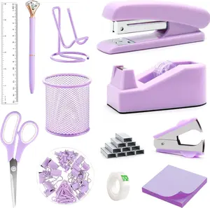Purple Office Supplies, Purple Desk Accessories, Stapler, Staple Remover, Tape & Pen Holder, Ballpoint, Scissor, Clips, 1000 Staples, Phone Holder