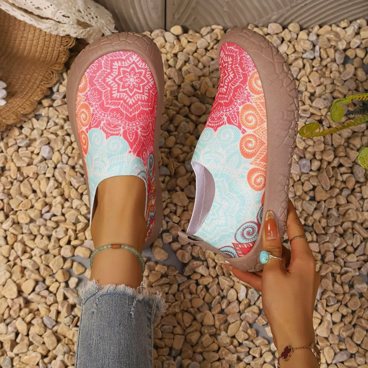 Women's Boho Floral Print Slip-On Footwear - Lightweight Breathable Mesh Upper, Thick Rugged Non-Slip Outsole, Casual Comfort Sneakers for Daily Walking, Travel