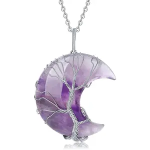 Necklaces for Women Crescent Moon Pendant Necklace Tree of Life Wire Wrapped Crystal Necklaces Natural Gemstone Quartz Jewelry for Women