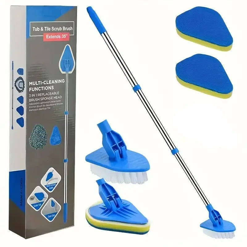 2-in-1 Retractable Restroom Cleaning Brush Set, Bathroom Brush Cleaner, Includes 3 Sponge Heads & 1 Bathroom Cleaning Brush & 1 Stainless Steel Handle, Multifunctional Cleaning Tool for Kitchen, Pool, Bathroom Accessory, Bathroom Cleaning Tools