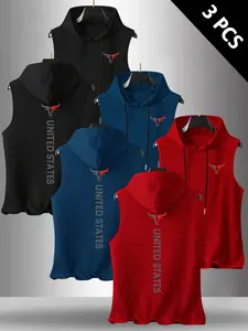 Men's 3-Pack Bull Head Letter Print Hooded Sleeveless T-Shirt, Casual Comfortable Hoodie Vest, Summer Outdoor Fitness Wear