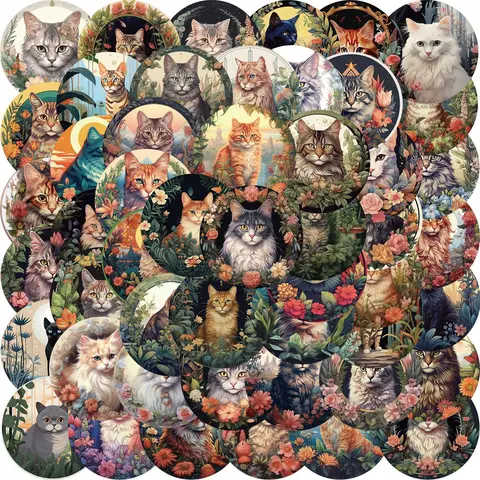 Flower & Cat Patterned Sticker, Decal Sticker, 50pcs/set Waterproof Self Adhesive Suitcase Sticker, Decor Sticker for Gift Greeting Card Water Bottle Laptop Phone