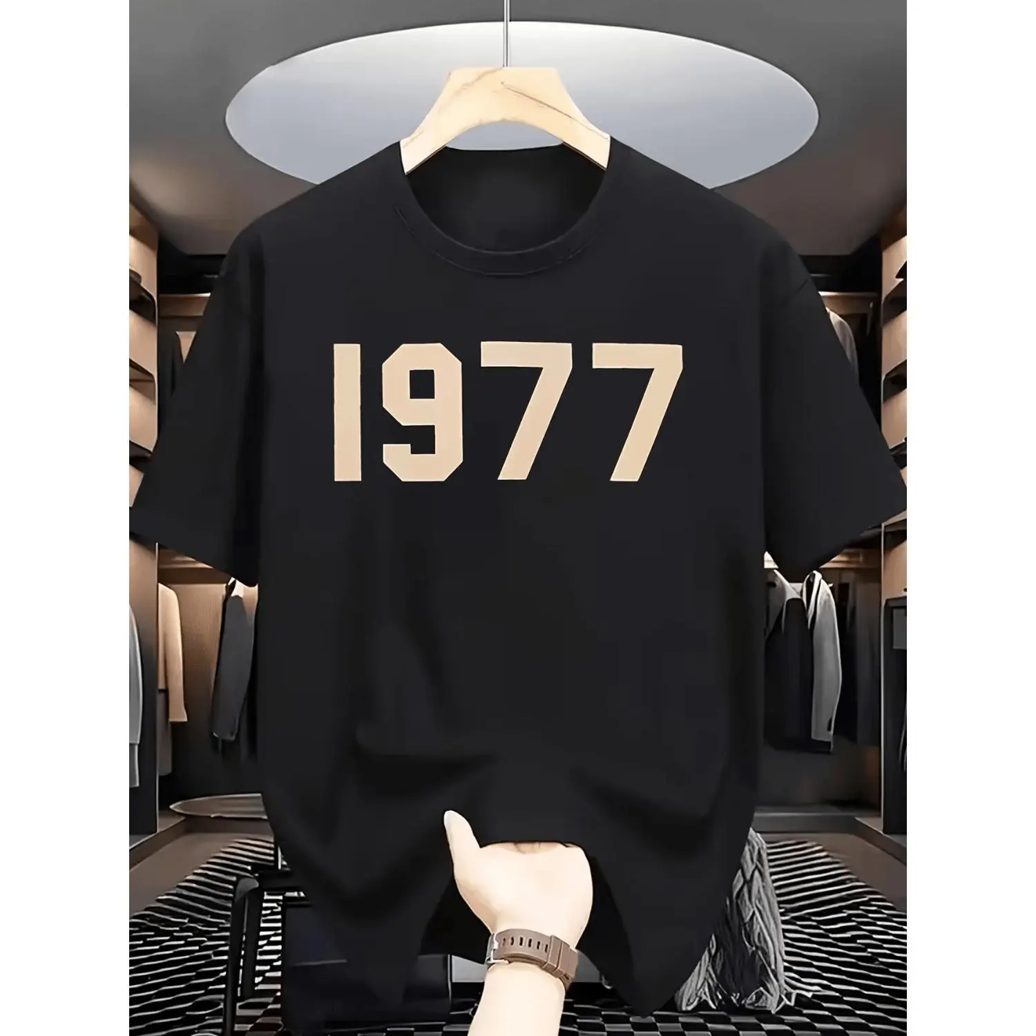 Adult 1977 Vintage Distressed Number Print Short Sleeve Cotton T-shirt for Men Summer Round Neck Breathable Casual Versatile Trendy Tee