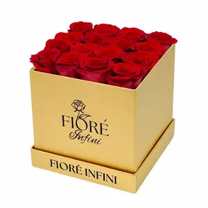 Red Forever Roses In A Gold Square Box