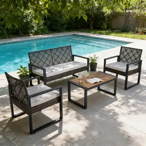 Outdoor Patio Furniture Set, 4-Piece Metal Modern Outside Sectional Conversation Lawn Furniture with Coffee Table & Washable Thick Cushions,Seating Sofa for Garden/Backyard/Porch Grey