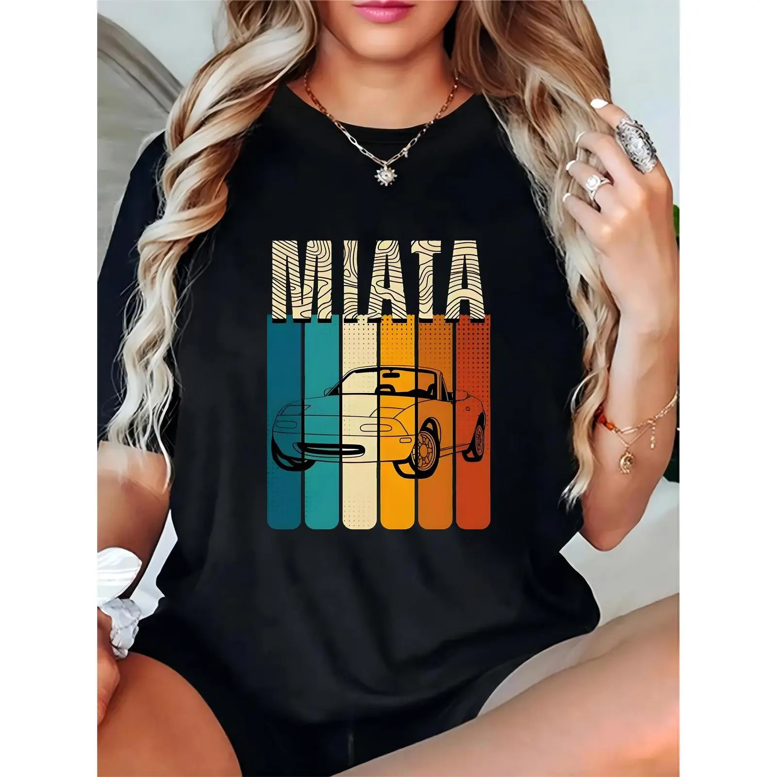 Women's Retro Miata Car Graphic T-Shirt, Vintage Wavy "MIATA" Text & Colorful Stripes, Casual Daily/Car Enthusiast Gift Tee