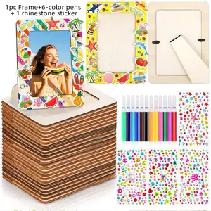 DIY Photo Frame Painting Kit, Unfinished Wooden Frame Set with Colorful Pens & Crystal Stickers, Custom Art Project Gift for Halloween, Picture Frame Set