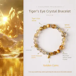 [Five Wealth] crystal quartz bracelet, gold quartz tiger eye stone, unisex, daily wear birthday gift, natural stone beads, wealth luck symbol