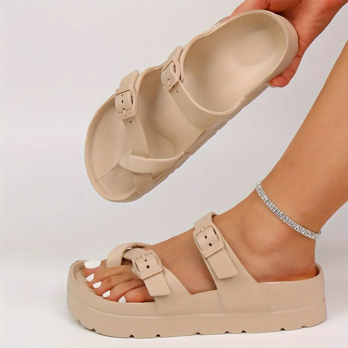 DIOLV Summer Soft Cow EVA Strappy Slides for Women - Adjustable Buckle, Breathable Microfiber Insole, Arch Support, Split Toe, Elegant Style, Perfect