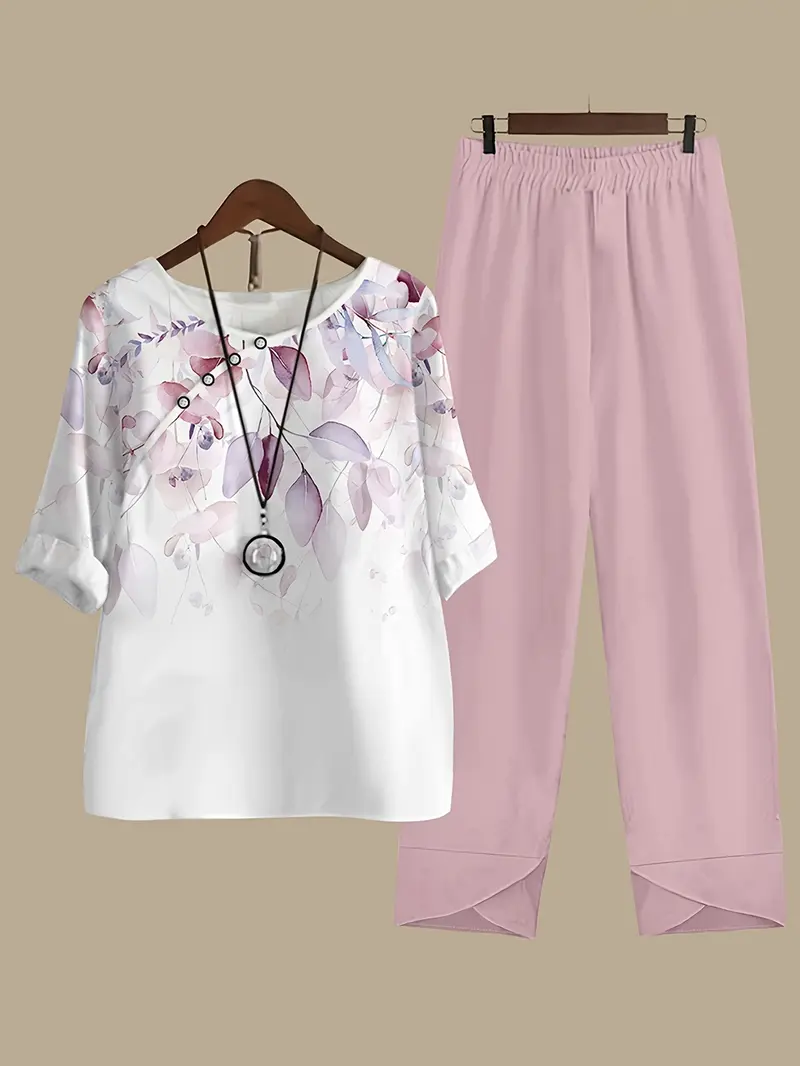 Watercolor Leaf Set Purple Tone Top with Contrast Color & Pink Wide Leg Pants Elegant Casual Two-Piece Set for Everyday Wear