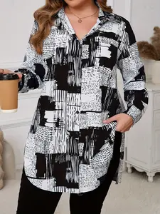 Women's Abstract Print Casual Collared Long Sleeve Shirt, Elegant Casual Blouse for Spring & Fall, Comfortable Loose Fit Design, Casual Boho Sleeve