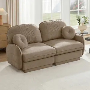 Chenille Cloud Sofa with Round Pillows & Quilted Back Cushion, 2-Layer Frame, Recessed Base Legs, Ergonomic Deep Seat, Easy Assembly, Modern Stylish Couch for Living Room