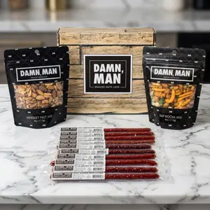 Damn Man Gourmet Beef & Nuts Mixes Snack Box – High Protein Gift Meat with Spicy Mild & Black Pepper Beef Sticks & Whiskey Taproom Nut Mixes