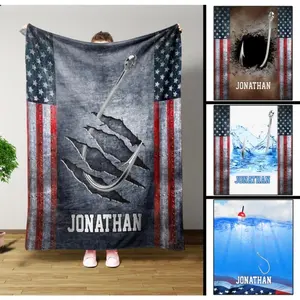 Fishing Blanket, Personalized Blankets And Throws, Fishing Hook & Us Flag Blanket, Fishing Gifts, Gifts For Fishermen, Gifts For Dad