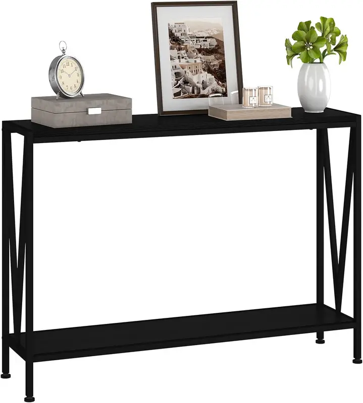 Black 2-Tier Narrow Sofa Console Table with Storage & Lamp+Plant Top - Stylish Console Table for Entryway, Living Room