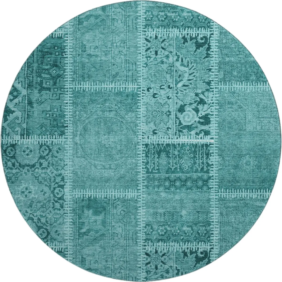 HomeRoots 653269 8 ft. Turquoise & Aqua Patchwork Washable Round Area Rug, UV-Protected Circle Area Rug – Color-Block, Durable, Full-Sized, Multi-Design Soft Furnishing, Circle Area Rugs, Color-Block Area Rugs