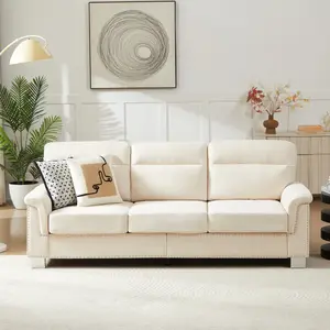 82" Modern 3-Seater Sofa, Beige Snowfleece Fabric, High-Density Foam & Spring Cushion, Solid Wood & Iron Frame, 700 lbs Capacity, for Living Room, Bedroom, OfficeProduct Description Transform your living space with this 82-inch modern 3-seater sofa in a w