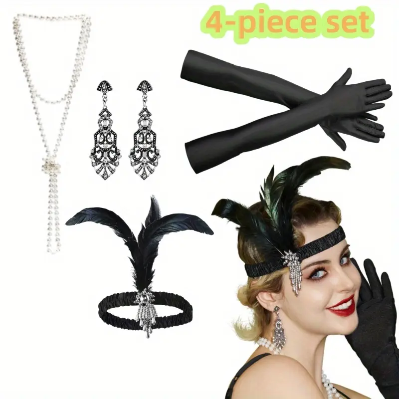 4 Piece 1920s Accessories Set with Feather Headband, Long Gloves & Pearl Necklace - Elegant Roaring 20s Flapper Costume for Women, Sisters, Stretchy, Simple, Halloween, Set A, Earrings, Party, Vintage, Black, Satin, Fits, Style
