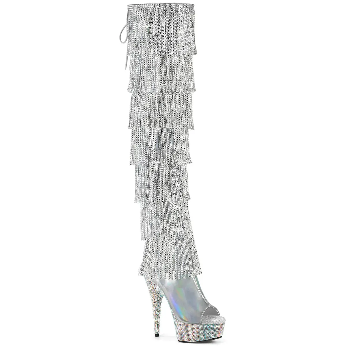 Pleaser Women's Bejeweled Platform Thigh-High Boots - Silver Holo Patent, Rhinestone Fringe, Open Toe, Lace-Up Back, Statement Shoes, Rhinestone Sole, Footwear, Shoe, Patent Leather, 1 3/4" (45Mm), Bejeweled Fringe, 7-Layer, Night Out, Simulated Fringe