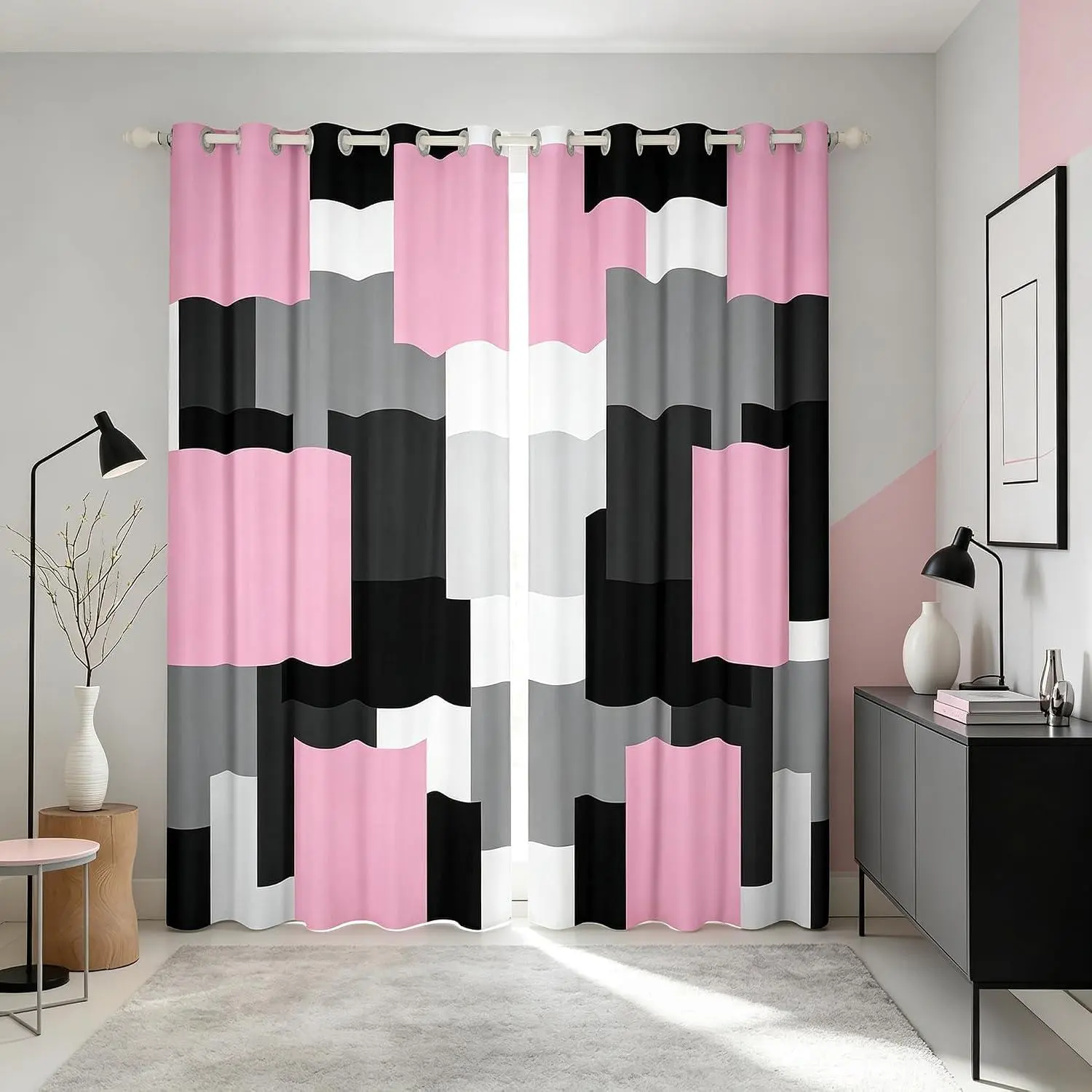 Geometric Curtains Bedroom Living Room Pink Black Gray Blackout Shades Plaid Buffalo Check Room Darkening Curtain Modern Art Window Treatments,2 Panels Decor