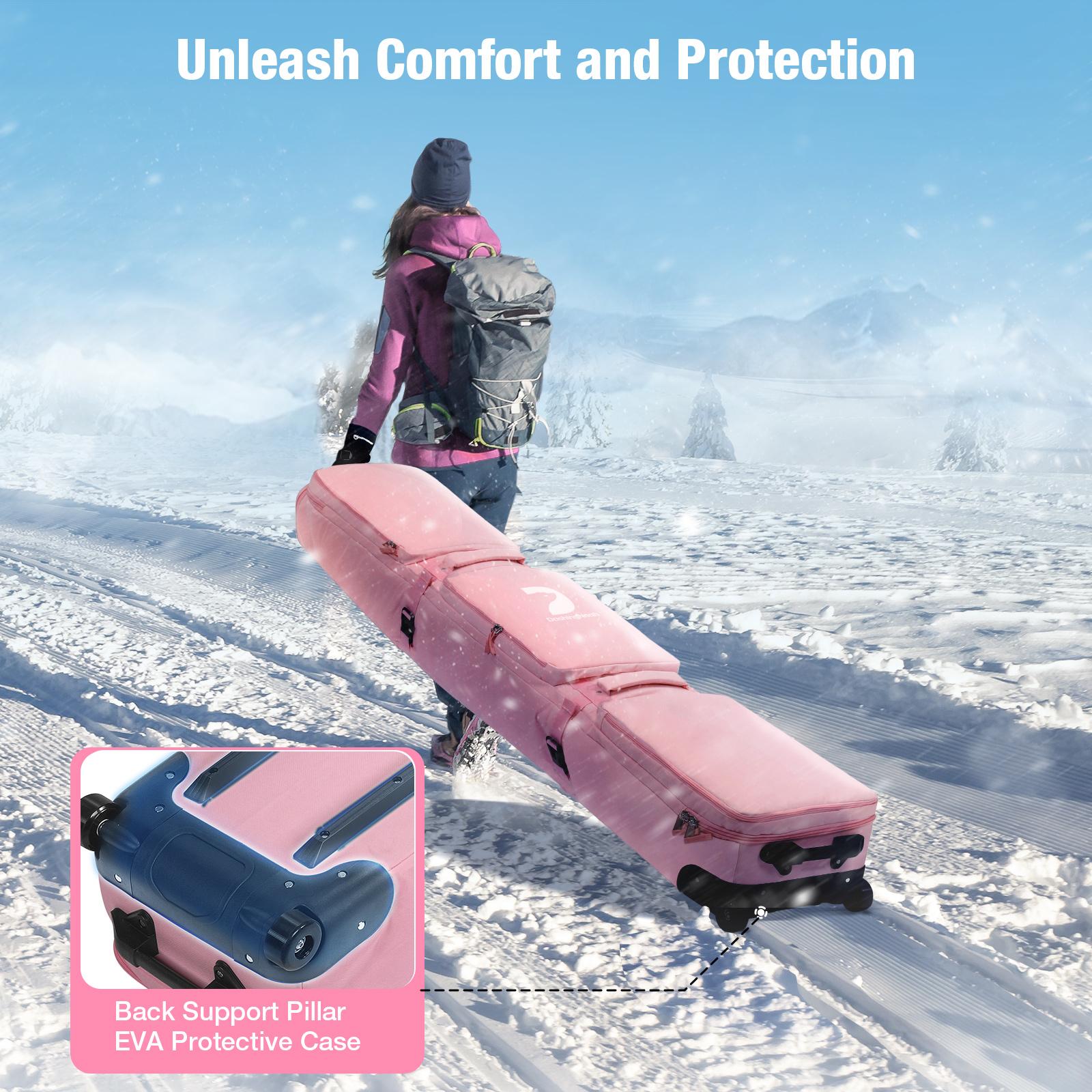Rolling Ski Bags with Wheel, 155cm-175cm Padded Waterproof Snowboard Bag for Air Travel, Fits Single Ski & Skis with 3 Separation Storage, Unisex Adjustable Length, Pink