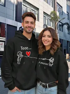 Couple'S Bestseller Thickened Hooded Sweatshirt - Unisex Loose Fit Coat With Geometric Love Design, All-Season Casual Wear, Front Pockets & Adjustable Hood For Men & Women, Romantic Outfit, Cozy Fabric