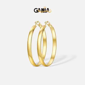 GANIA lady's pendant earrings, low-allergy large-sized round earrings, width 5mm, suitable for ladies to wear, 18K gold/silver pendant earrings, low-allergy 925 silver earrings, lightweight large earrings, sizes: 30/40/50/60
