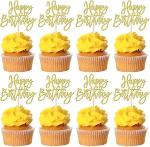 24 PCS Happy Birthday Cupcake Toppers Glitter Picks for Celebrating Anniversary Theme Party Cake Decorations Supplies Gold