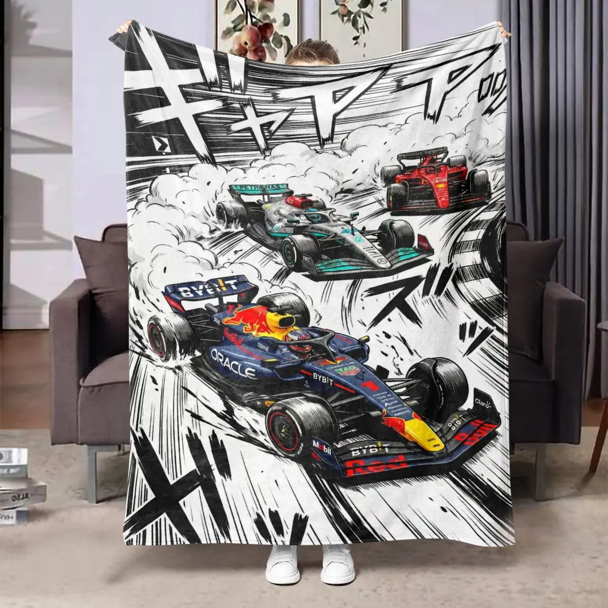 Comfortable Flannel Graphic Throw Blanket F1 Racing Theme Cartoon Design, Digital Print, Perfect for Living Room and Camping Gift