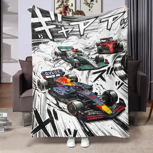 Comfortable Flannel Throw Blanket F1 Racing Theme Cartoon Design, Digital Print, Perfect for Living Room and Camping Gift