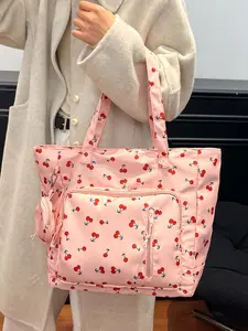 Women's Cherry Print Tote Bag, Nylon Shoulder Bag, Large Capacity Handbag with Detachable Coin Purse, School Commute Daily Use