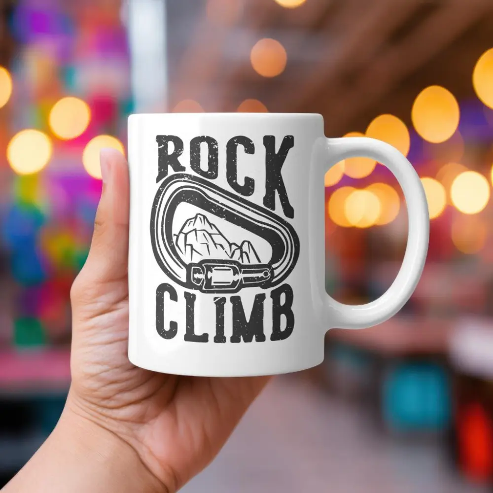 Rock Climb Mug, Carabiner and Mountain Coffee Cup, Rock Climbing Gift, Outdoor Adventure Mug, Minimalist Climber Design