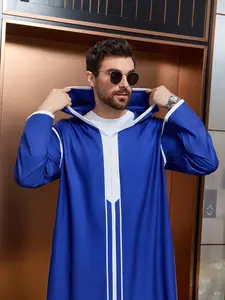 Classic Moroccan Style Men's Iftar Blue Colorblock Robe, Casual Long Sleeve Hooded Thin Robe, Traditional Festival Clothing